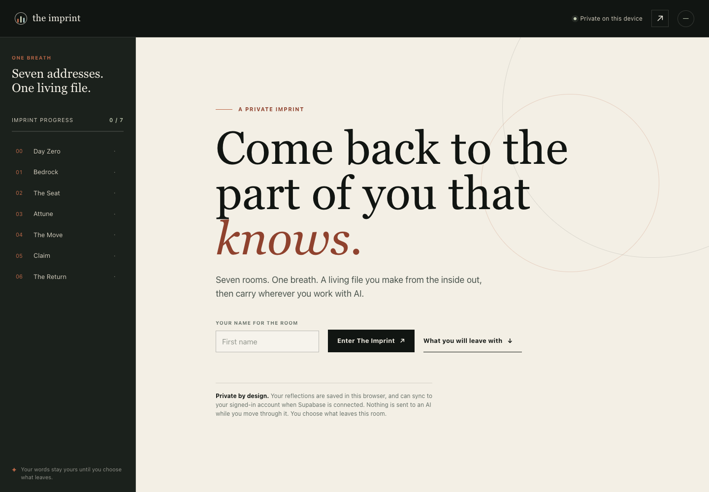 The Imprint welcome screen showing the seven-room journey and private entry ritual